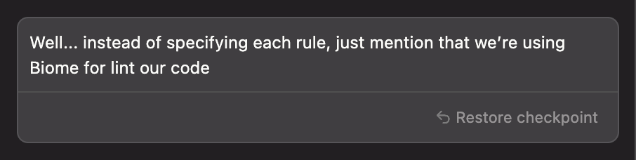 아래 문장의 메시지.

"Well... instead of specifying each rule, just mention that we’re using Biome for lint our code"